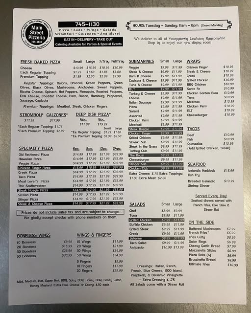 Main Street Pizza Reynoldsville Menu 474 E Main St, Reynoldsville, PA