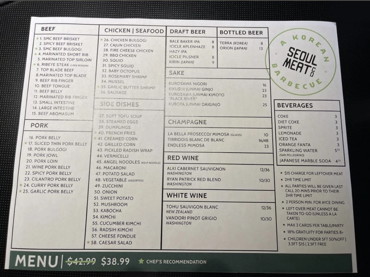 Seoul Meat Co Menu in Kirkland, WA