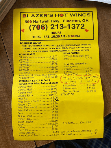 Blazers Hotwings Menu in Elberton, GA
