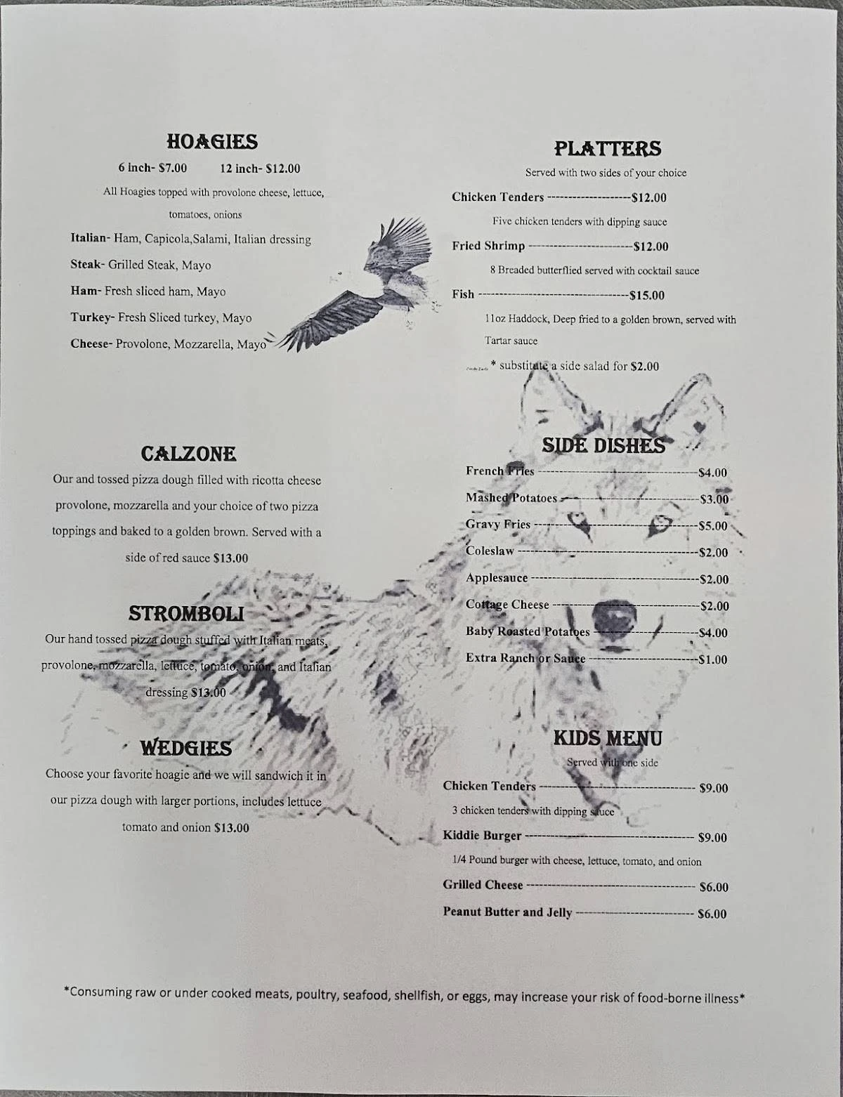 Bob’s Trading Post Menu Kane PA with Prices