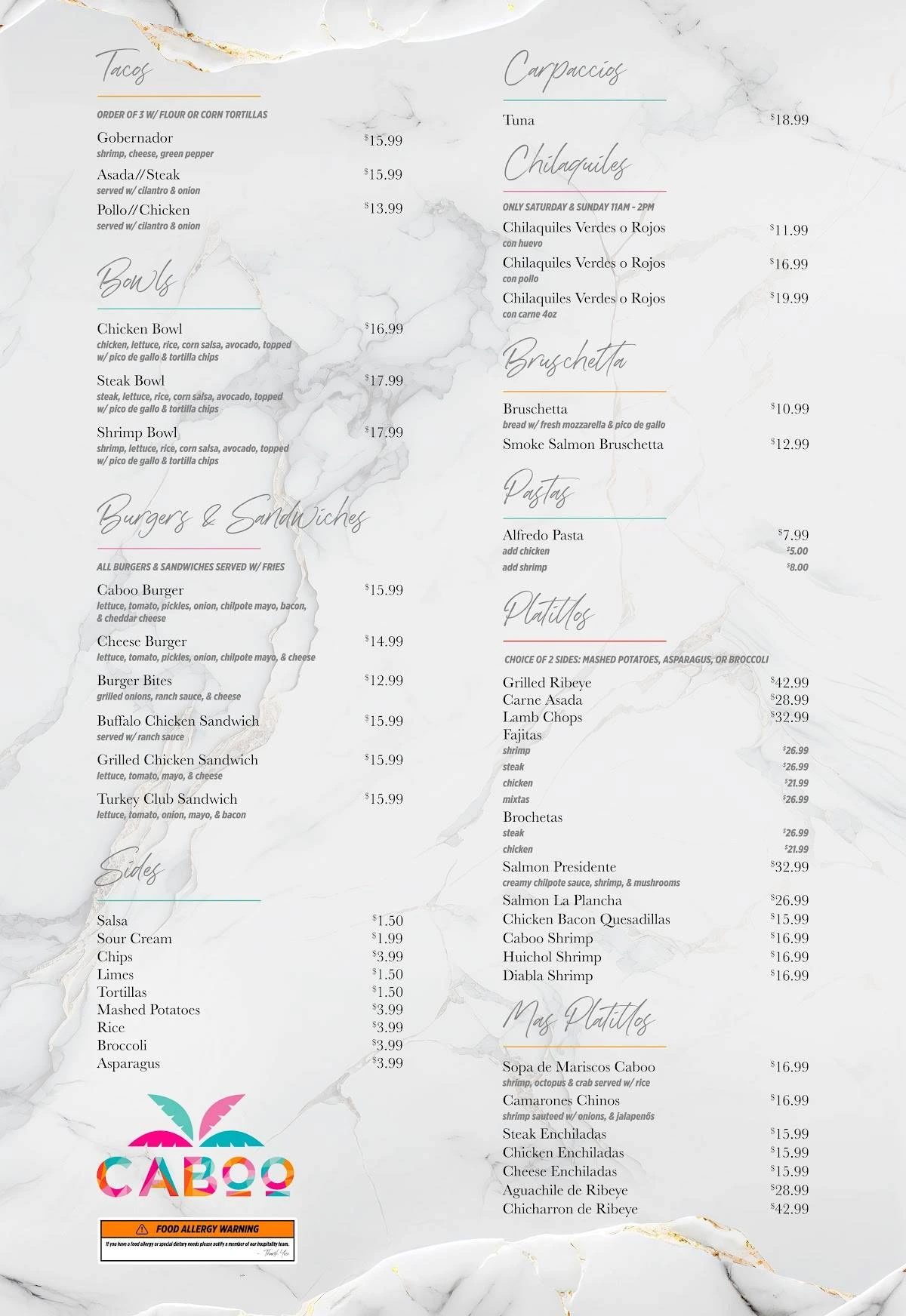Caboo menu at located at 4807 S Pulaski Rd, Chicago, IL 60632
