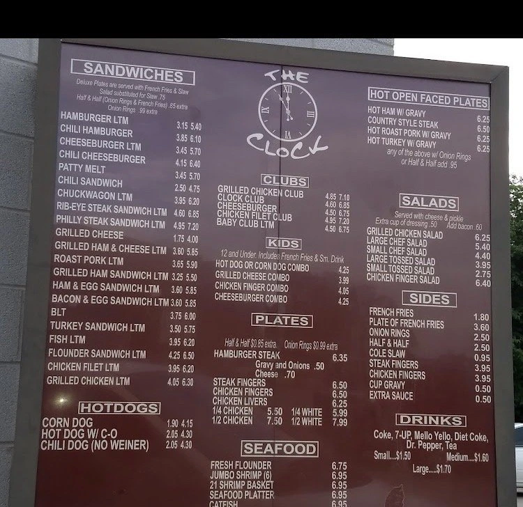 Clock of Williamston Menu in South Carolina