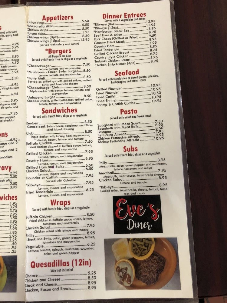 Eve's Diner Menu in Lexington, NC