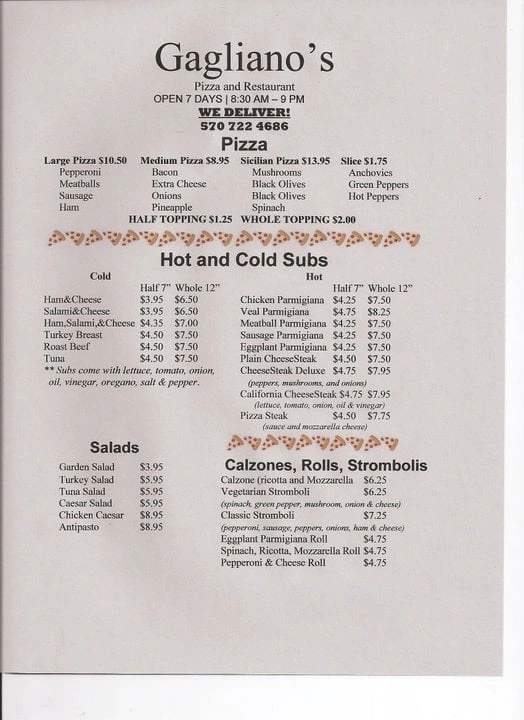 Gagliano's Pizza Menu in Lake Harmony