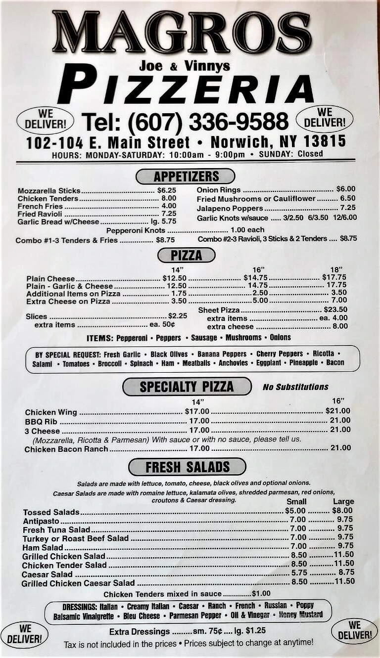 Magro's Pizzeria Menu in Norwich, NY