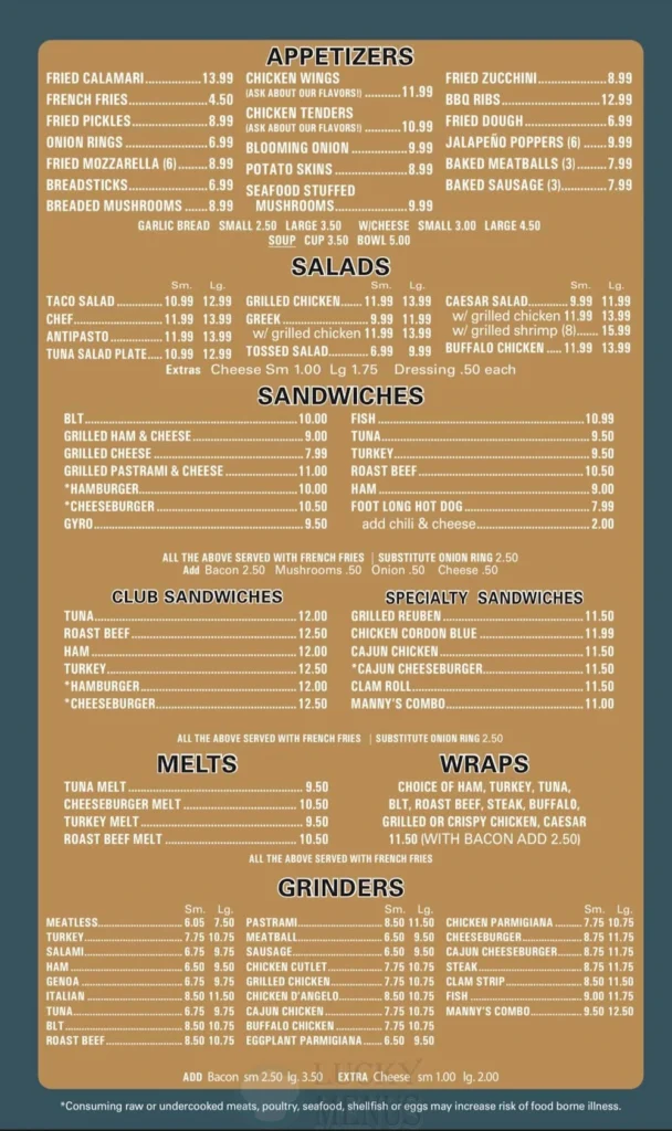 Manny's Pizza Plus Menu With Prices in Norwich CT