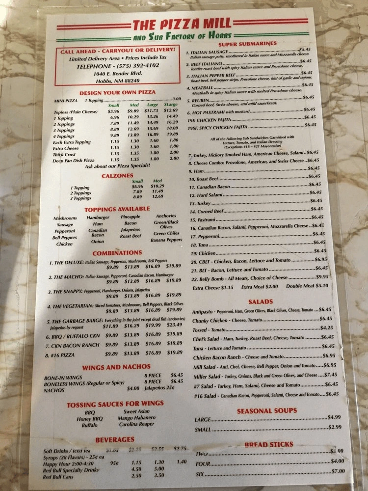 Pizza Mill Menu Hobbs NM