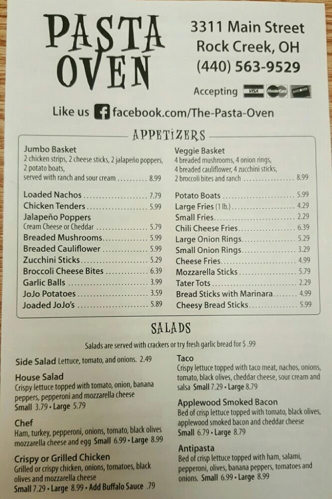 The Pasta Oven Menu in Rock Creek, OH