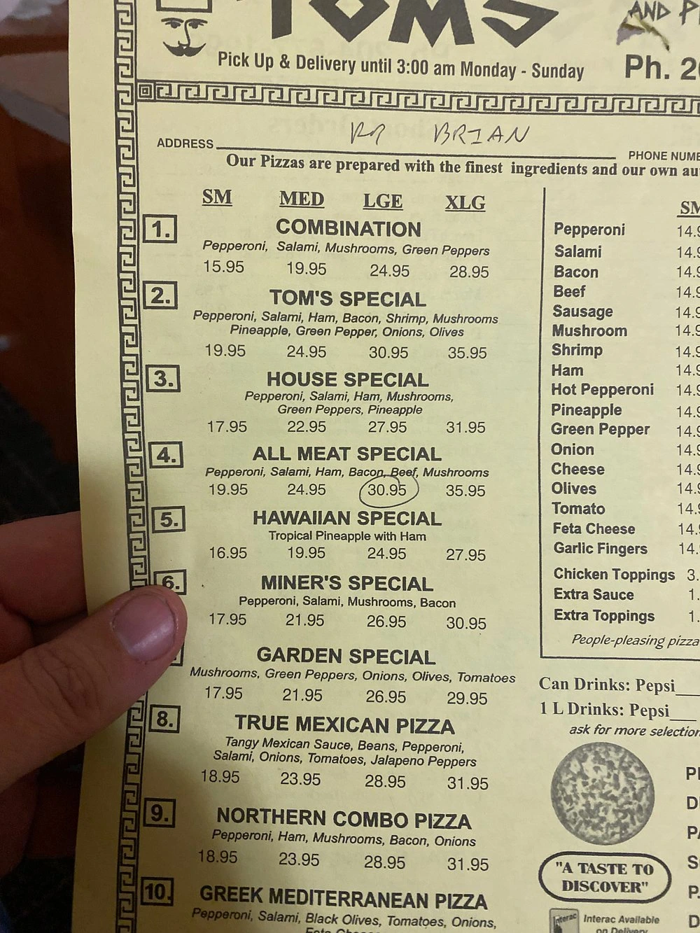 Tom's Pizza Place Menu in Aston, PA