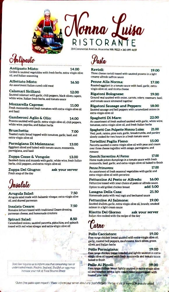 Nonna Luisa Ristorante Menu in Anacortes, WA