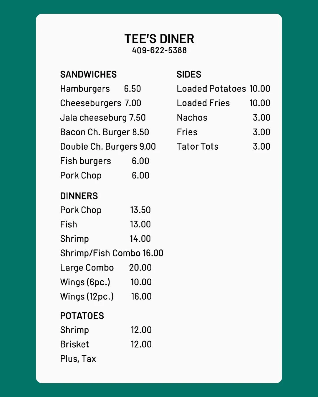 tee's diner bon wier menu