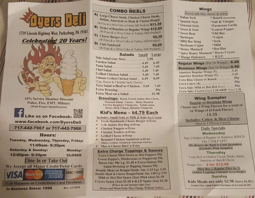 Dyers Deli Menu in Parkesburg, PA