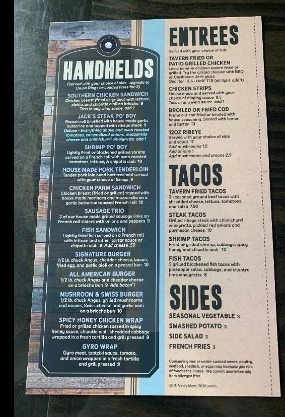 Jack's Tap Menu in Spring Valley