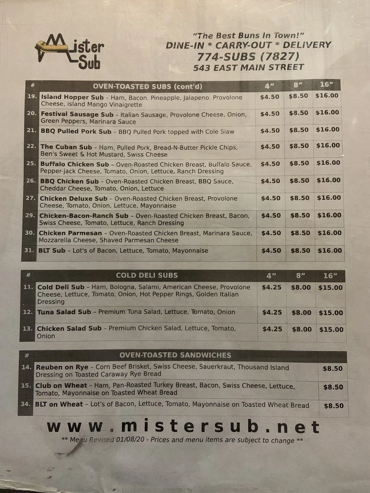 Mister Sub Menu in Chillicothe, OH
