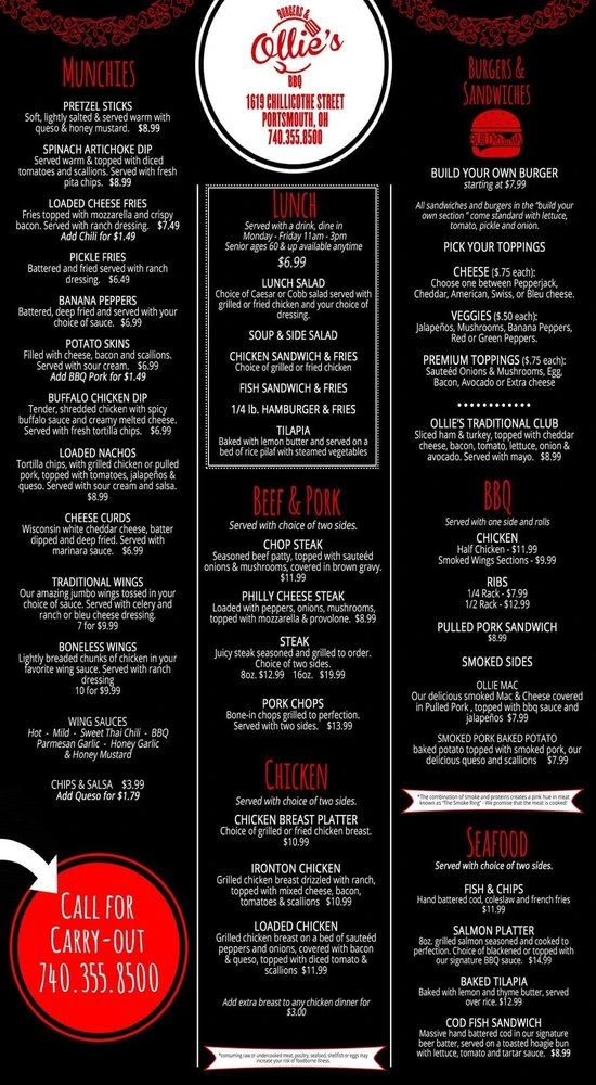 Ollie's Burgers & BBQ Menu in Portsmouth, OH