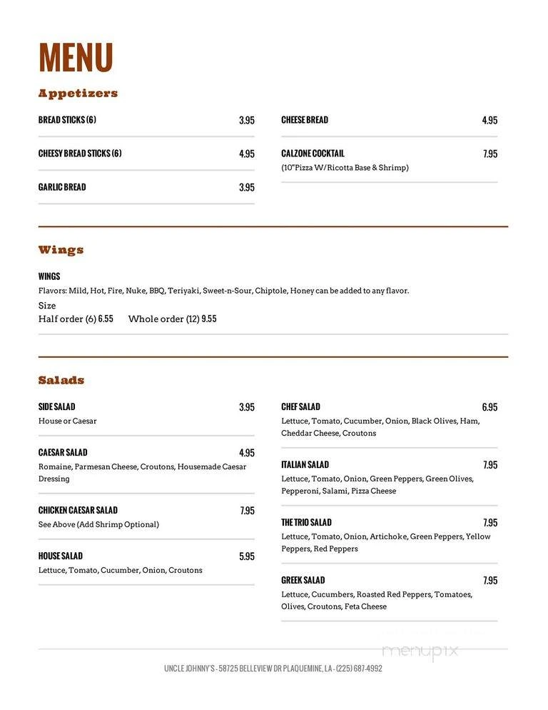 Uncle Johnny's Pizza Menu in Plaquemine, LA
