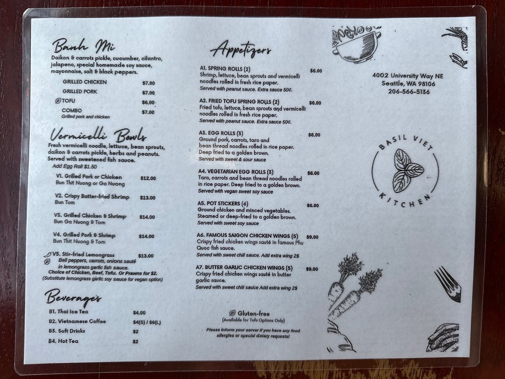 Basil Viet Kitchen Menu with Prices